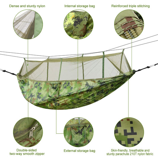 1Pc 600lbs Load 2 Persons Hammock With Mosquito Net Outdoor Hiking Camping Hommock Portable Nylon Swing Hanging Bed With Strap Hook Carry Bag