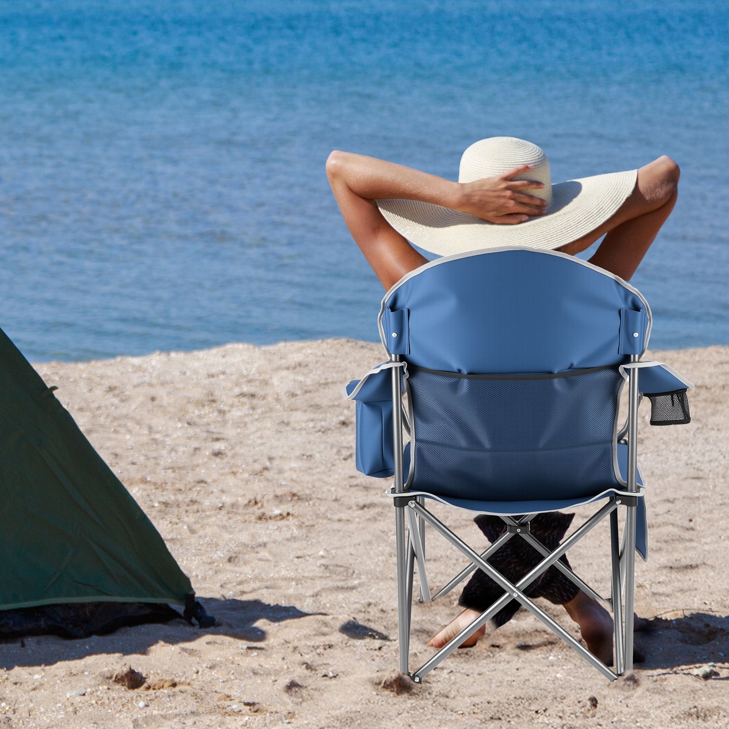 Oversized Camping Folding Chair, Heavy Duty Padded Chair With Cup Holder Storage And Cooler Bag, 5000 LBS Steel Frame, Portable For Outdoor