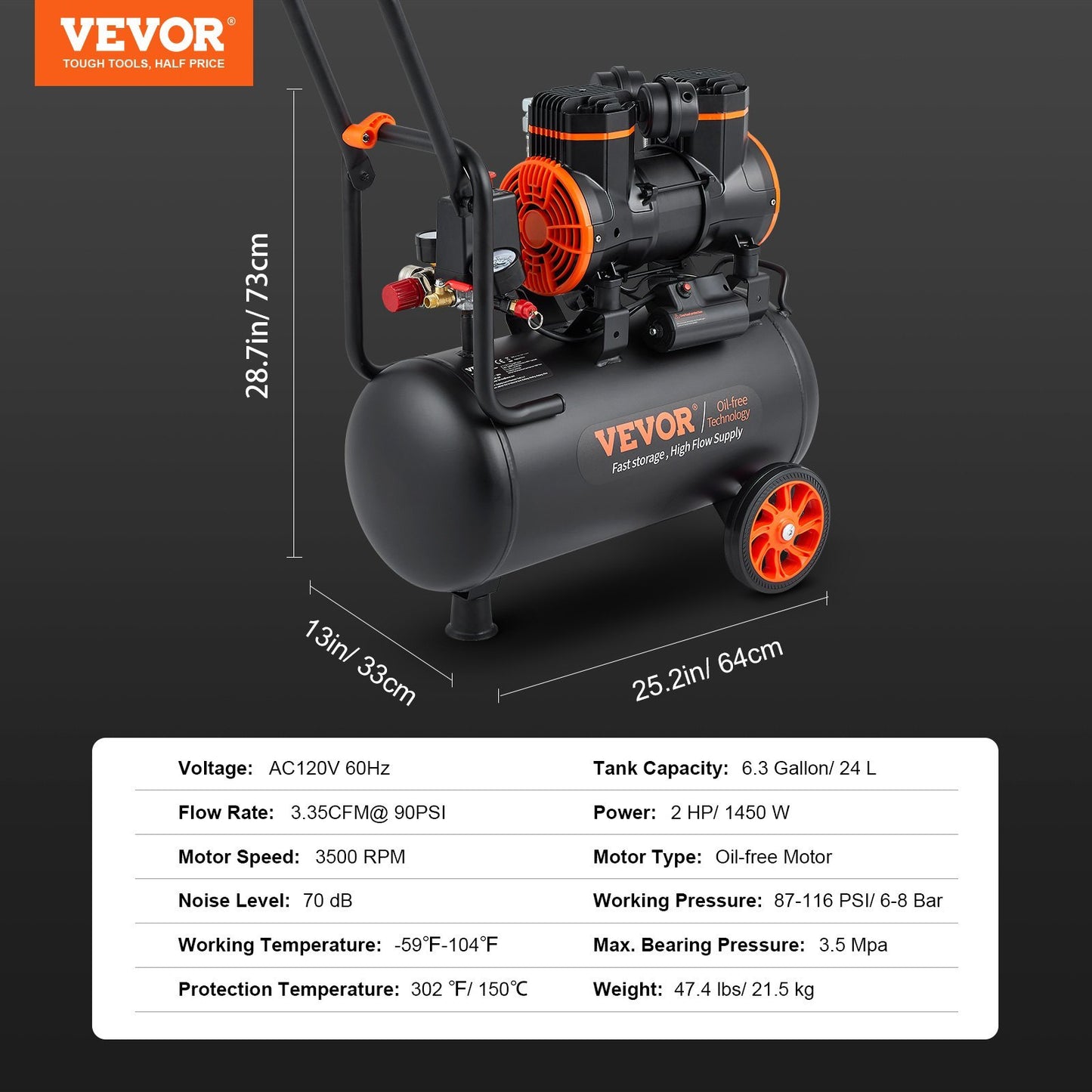 VEVOR Air Compressor 6.3 Gallon 1450W 3.35 CFM 90PSI 70 DB Ultra Quiet Oil Free