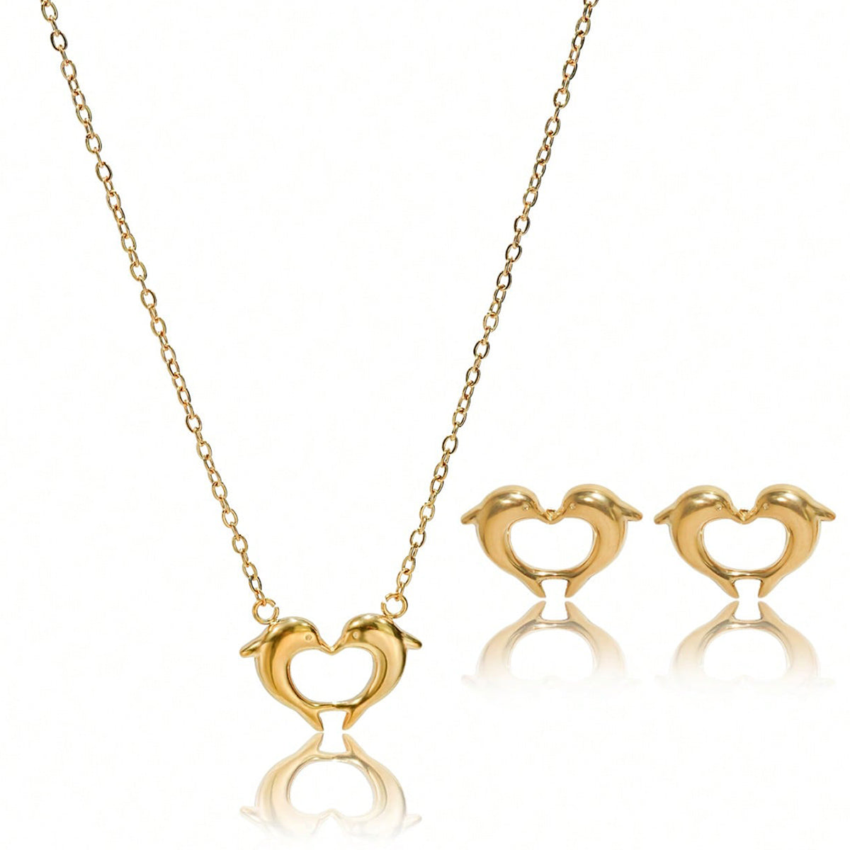 Lxalry 18K Gold P lated Stainless Steel Dolphin Heart Necklace & Earrings Set - Elegant Gift Jewelry, Waterproof & Hypoallergenic, Ideal For Birthday, Anniversary, Valentine's Day & Daily Wear