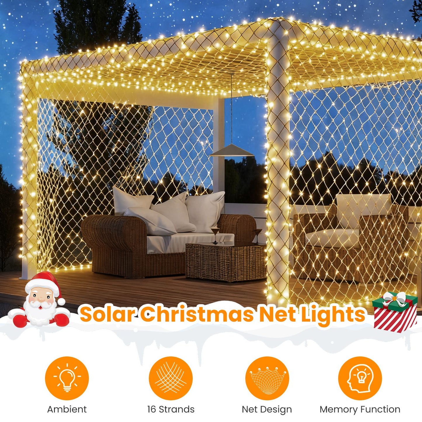 9.84x6.56FT 192LED Solar Christmas Net Lights Outdoor Bush Lights Dimmable IP44 Waterproof With 8 Modes Remote Timer Memory Function For Holiday Party Wedding Patio Garden