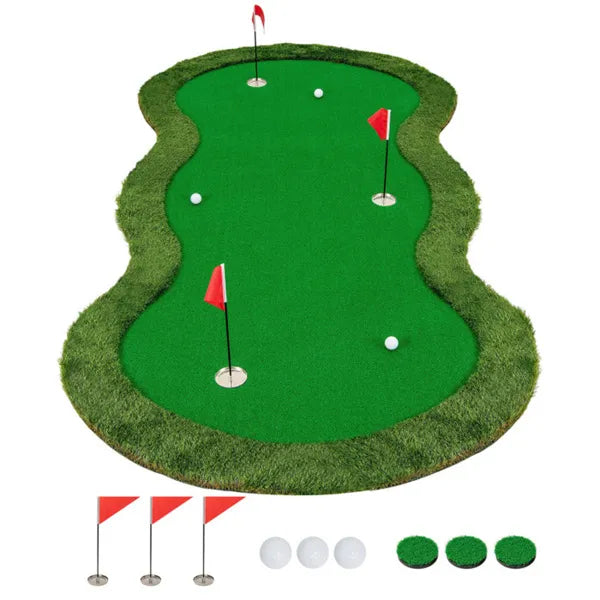 10x5ft Golf Putting Mat (Green) - 3 Real-Sized Holes+Flags, High-Density PP+PE Turf, Indoor/Outdoor Use