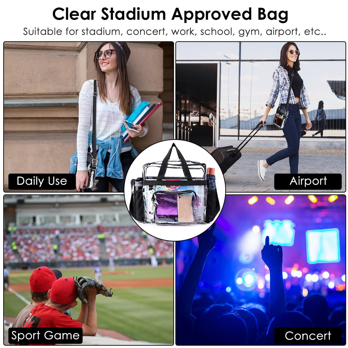 1Pc Clear Crossbody Bag Stadium Approved Clear Transparent Shoulder Bag See Through Zip Pouch Tote Bag Handbag With 11LBS Load