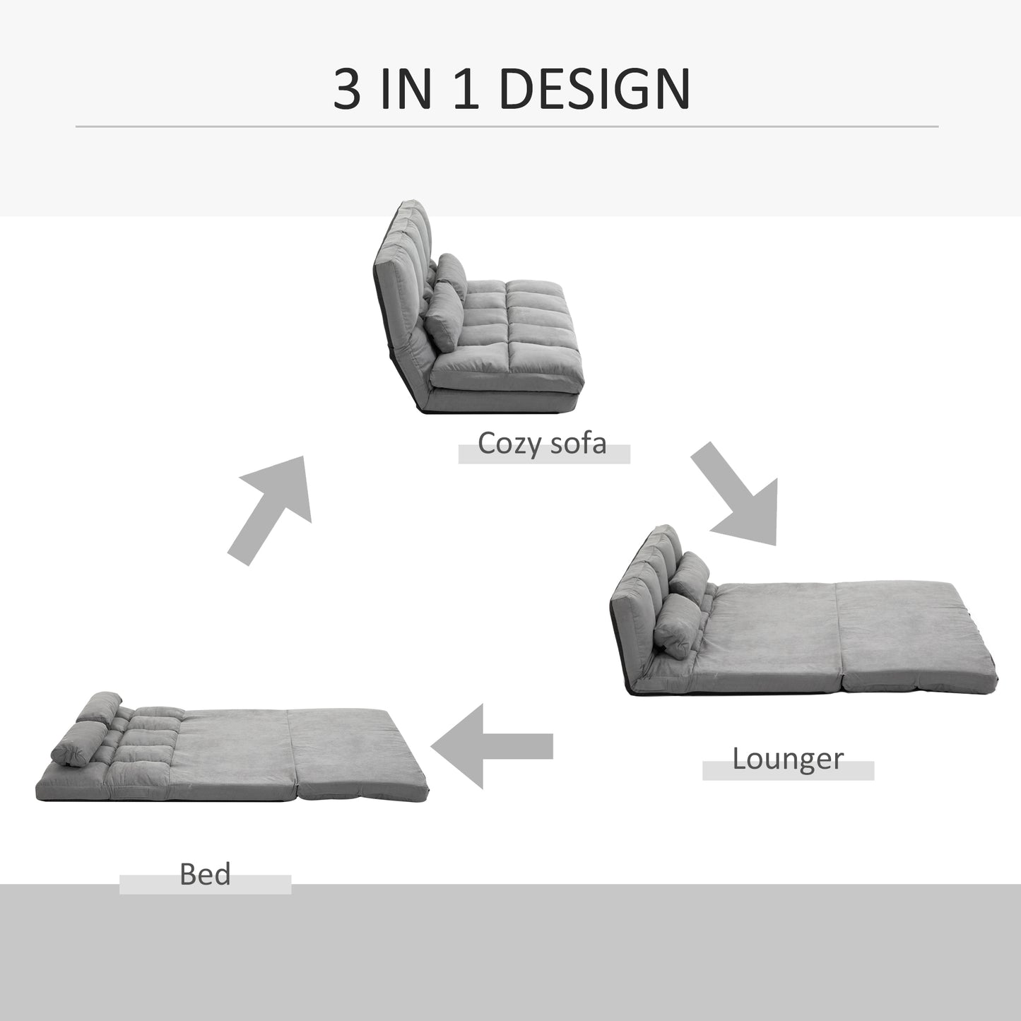 Convertible Floor Sofa Chair, Folding Couch Bed, Guest Chaise Lounge with 2 Pillows, Adjustable Backrest and Headrest, 51.25" L, Light Gray