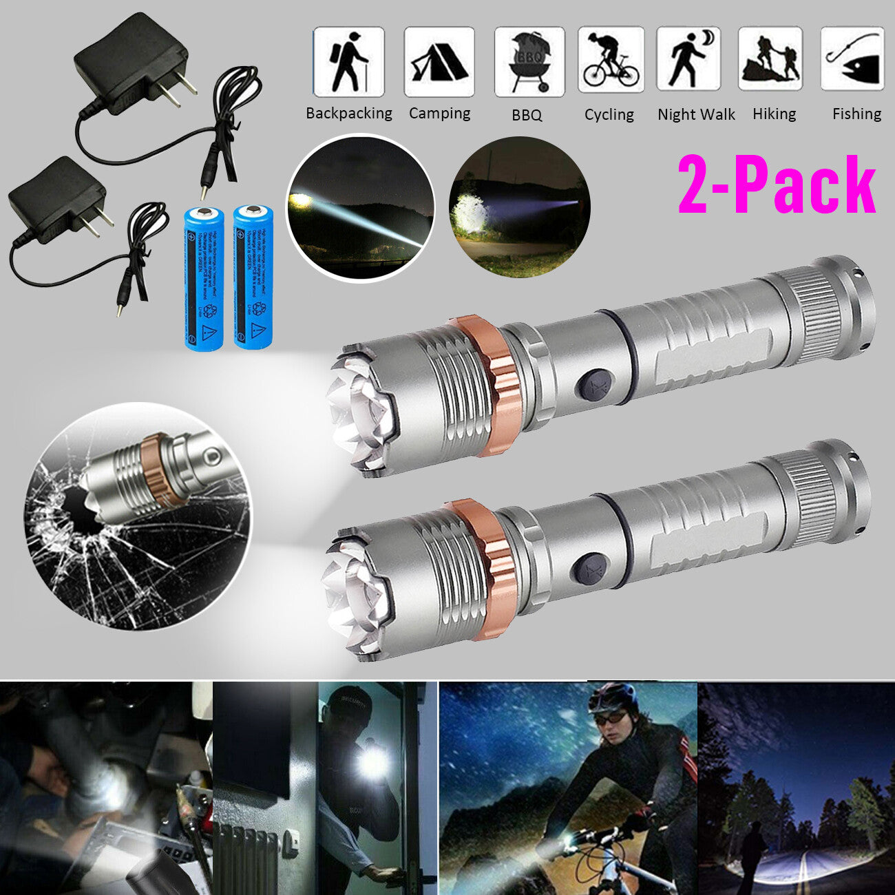 LED Flashlight Rechargeable Work Light Super Bright Torch Emergency Light Escape Hammer