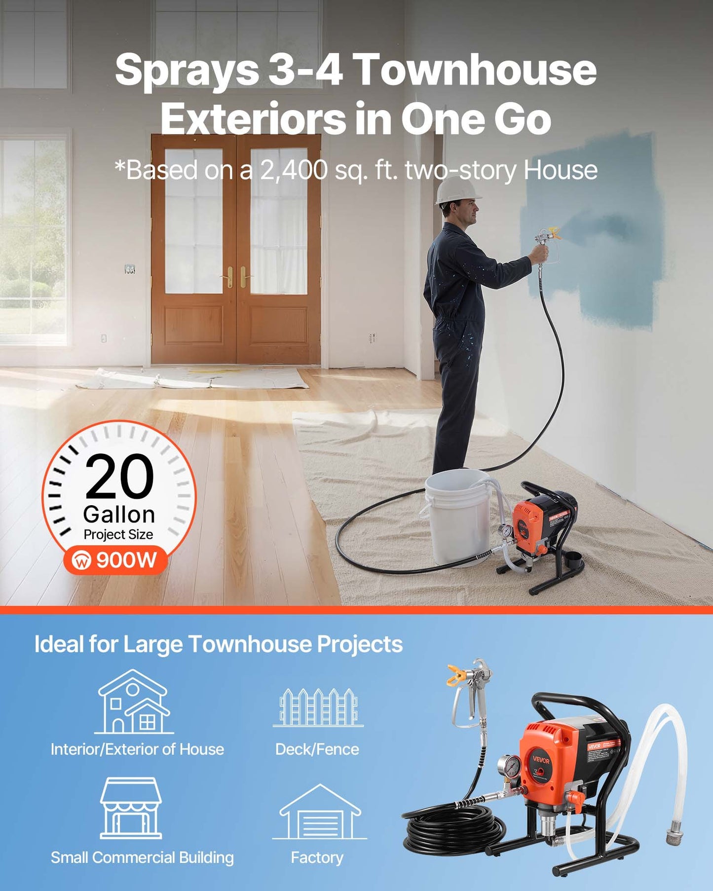 Stand Airless Paint Sprayer, 900W, 3300PSI High Pressure Airless Sprayer, Cleaning Brush, Hose, Extension Rod, Nozzles, Electric Spray Paint Machine For Interior Or Exterior Of House, Fence