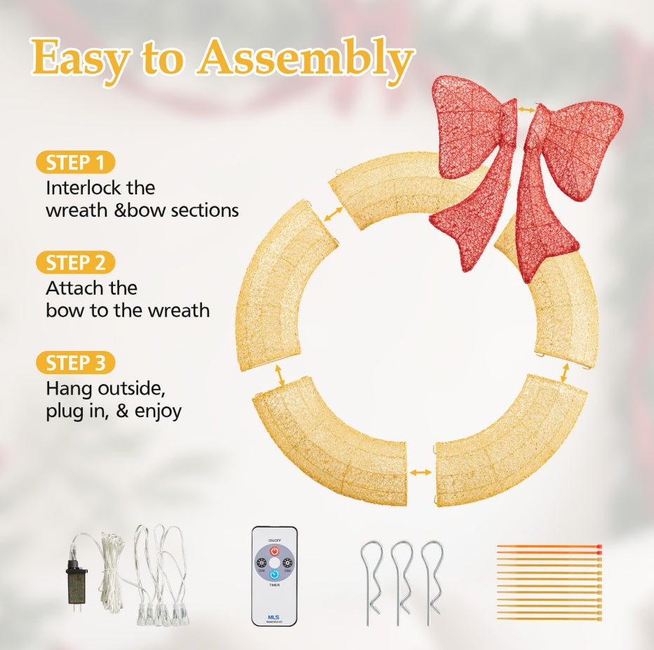 Christmas Wreath Decoration, LED Metal Holiday Decoration In Green Yellow