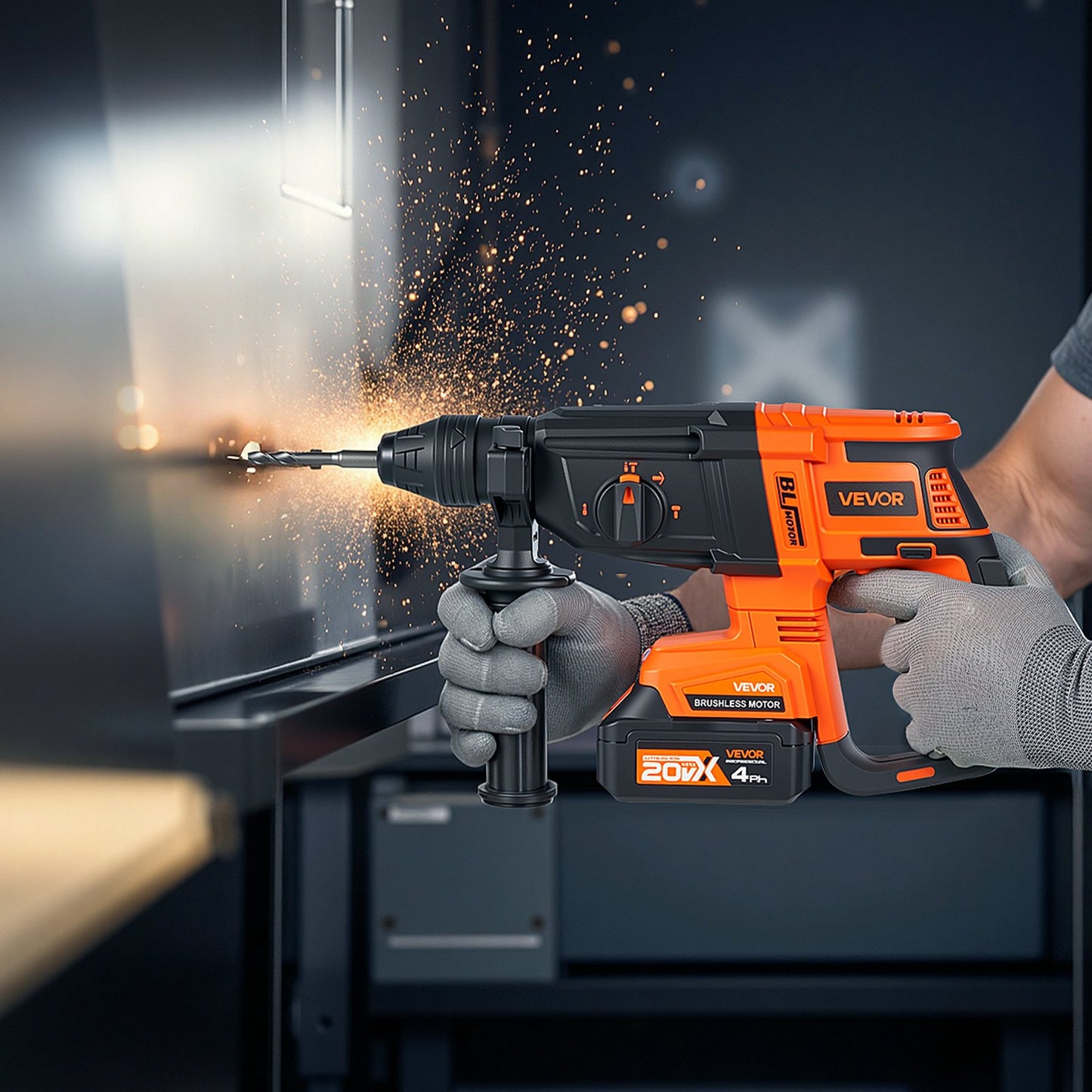 20V SDS-Plus Brushless Cordless Rotary Hammer Drill Kit 1.1 In 1200RPM 4Function