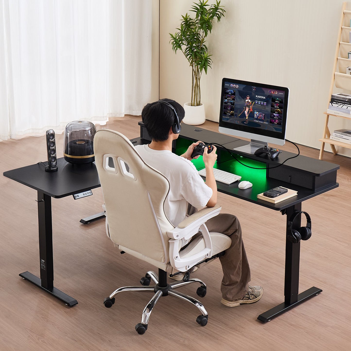 L Shaped Desk Electric Adjustable Height Corner Gaming Desk W/ Light Strip