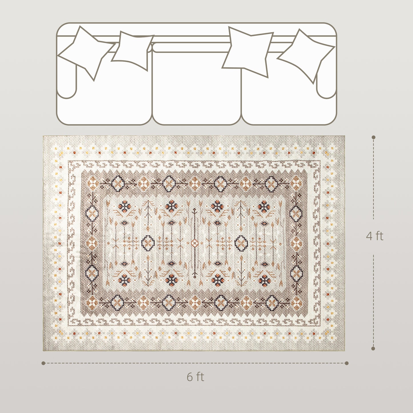 Machine Washable Area Rug 4x6, Non-Slip Boho Flannel Print Floor Carpet For Living Room, Bedroom, Dining Room, Brown