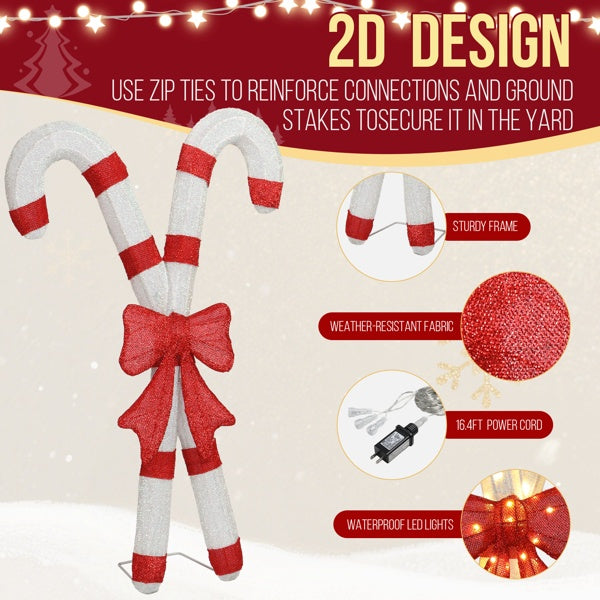 Lighted Candy Cane And Red Bowknot Christmas Decorations, Pre-lit 2D Holiday Decor With 100 Warm White LED Lights For Xmas Outdoor Indoor Decor Lighted Holiday Displays