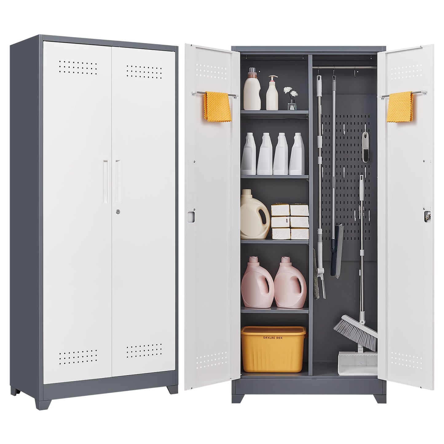 Gray Metal Lockers, Cleaning Tool Cabinets With Locking Doors, High Broom Tool Storage Cabinets, Adjustable Shelves, Large Cabinets For Kitchens, Offices, Shops. 72 Inches