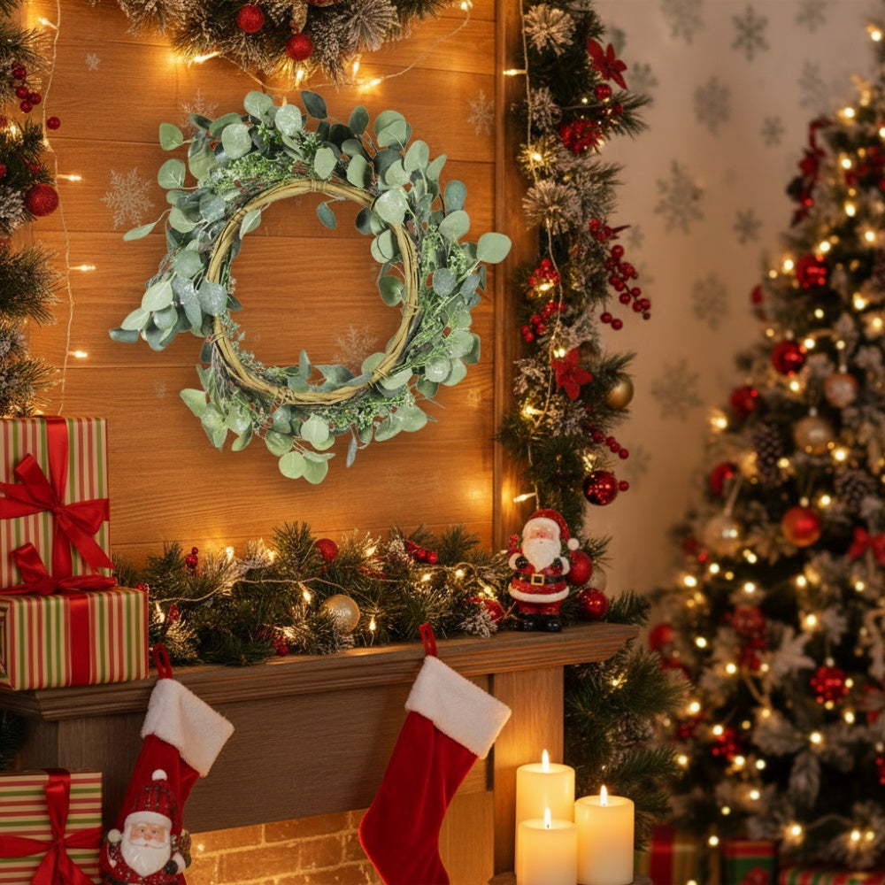 23.6in Christmas Eucalyptus Wreath Nartural Green Door Wreath, Fake Leaf Garland For Home Wedding Front Door Decor