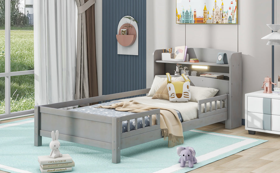 Wooden Double Platform Bed With Built-in LED Lights, Storage Headboard And Guardrails, Antique Grey