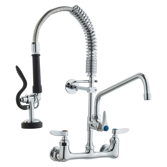 Commercial Faucet With Pre-Rinse Sprayer, 21' Height, 8' Center, 12' Swing Spout, Wall Mount Kitchen Sink Faucet, Brass Constructed Device With Pull Down Spray, For 1/2/3 Compartment Sink