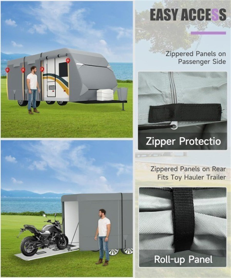 RV Cover, Upgraded 7 Layers Top Travel Trailer Cover, Waterproof Camper Cover For Toy Hauler With Tongue Jack Cover, Gutter Covers