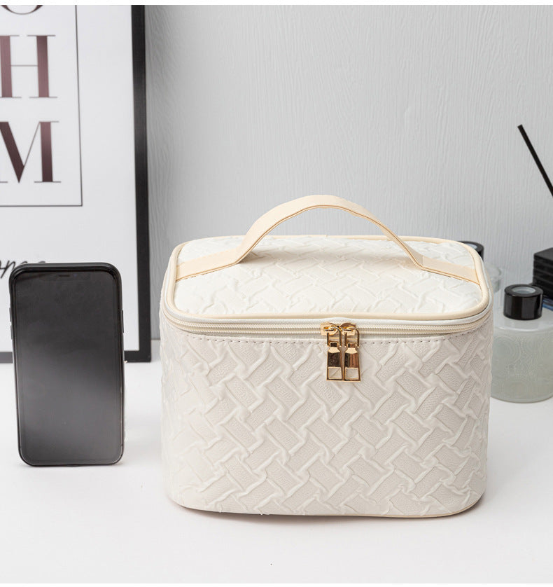 White Premium Large CapacityPortable Travel Makeup Bag, Multi-functionalCosmetic Organizer, Stain-resistant, HandheldSquare Bag