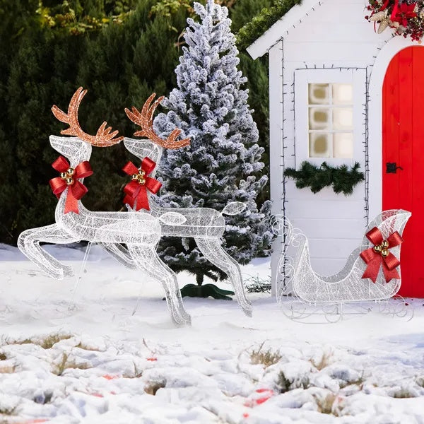 3-Piece Lighted Set Of 2 Reindeer & Sleigh, Weather Proof Christmas Outdoor Decorations With Pre-lit 270 LED White Lights And Stakes For Xmas Outdoor Holiday Indoor Decor Lighted Holiday Displays, Whi