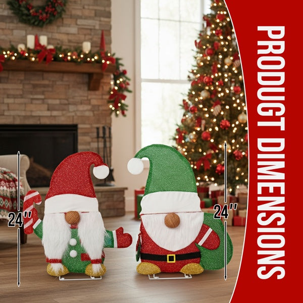 Set Of 2 Lighted Gnome And Candy Cane Christmas Decorations, Pre-lit 2D Holiday Decor With 80 Warm White LED Lights For Xmas Outdoor Indoor Decor Lighted Holiday Displays