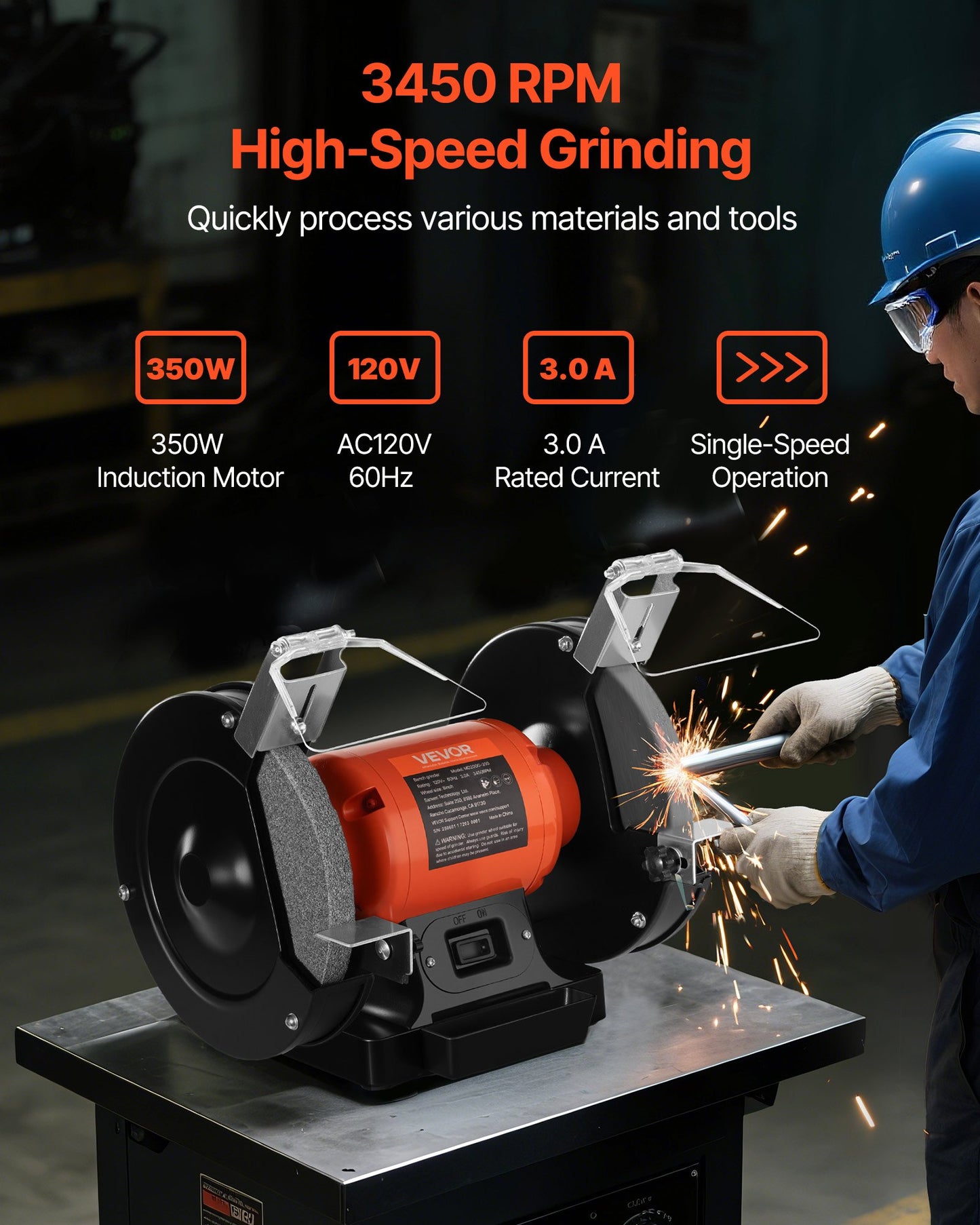 Bench Grinder, 8-inch Single Speed Bench Grinder, 3450RPM High-Speed Table Grinders With 350W 3.0A Induction Motor, 36/60-Grit Grinding Wheel & Adjustable Eye Shield For Fast Sharpening Grinding