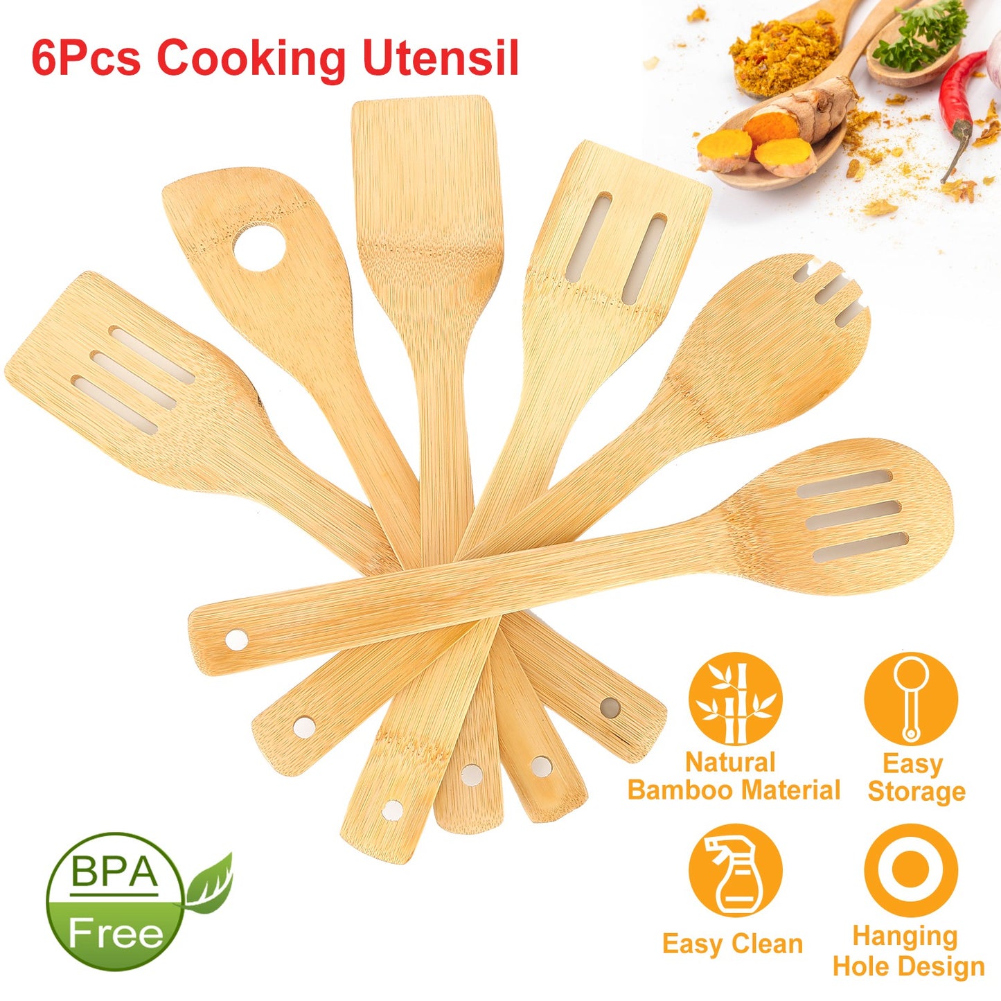Set Of 6Pcs Cooking Utensil Bamboo Wooden Spoons Spatula Kitchen Cooking Tools Nonstick Wooden Cookware Kitchen Gadgets