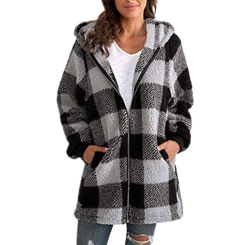Women's Plaid Hooded Jacket, Long Sleeve Zip Up Oversized Coat With Pockets For Winter Casual And Commute