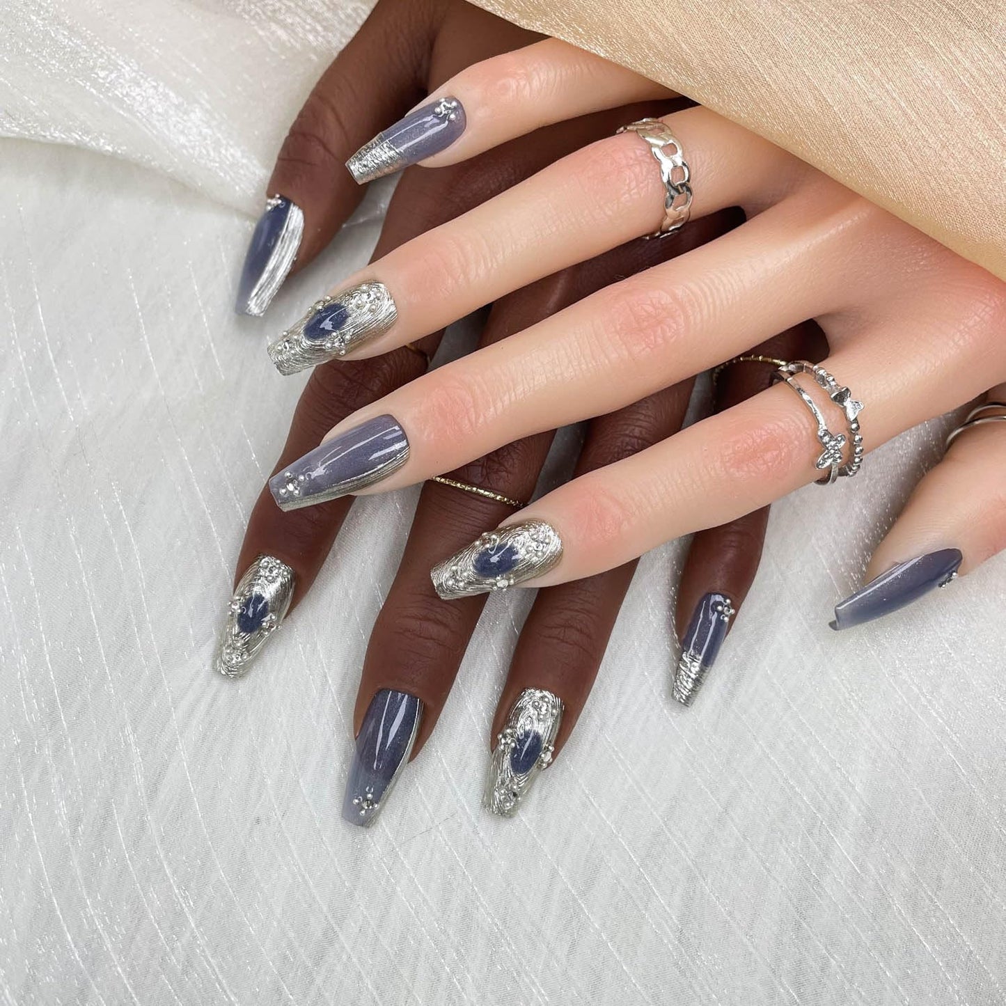 GGDDSHA 10pcs Press On Nails Long Coffin Fake NailsFashion Rhinestone Design Art Charms For WomenHandmade Nail Art Manicure Gradient,Mercury Veil