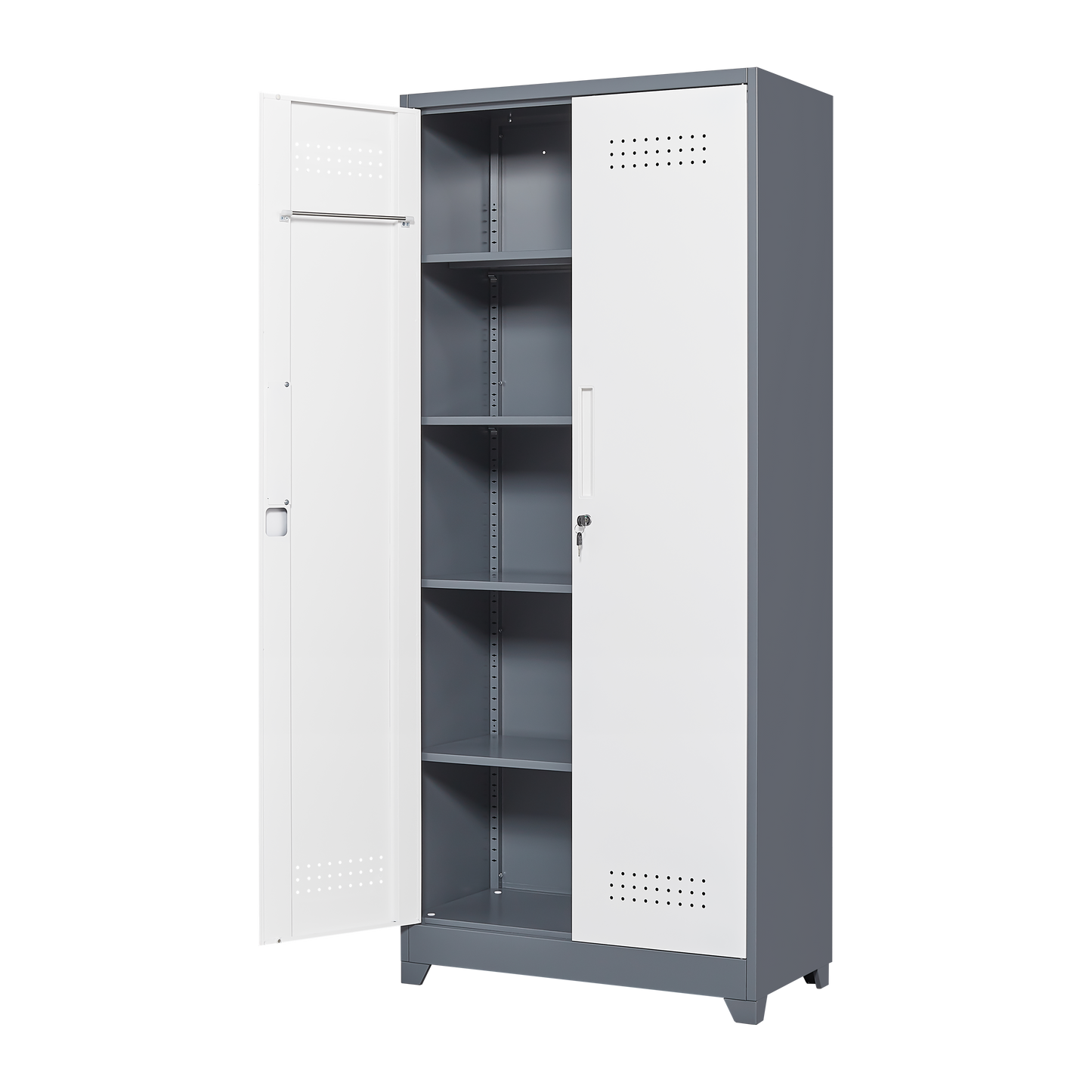 Gray Metal Lockers, Cleaning Tool Cabinets With Locking Doors, High Broom Tool Storage Cabinets, Adjustable Shelves, Large Cabinets For Kitchens, Offices, Shops. 72 Inches