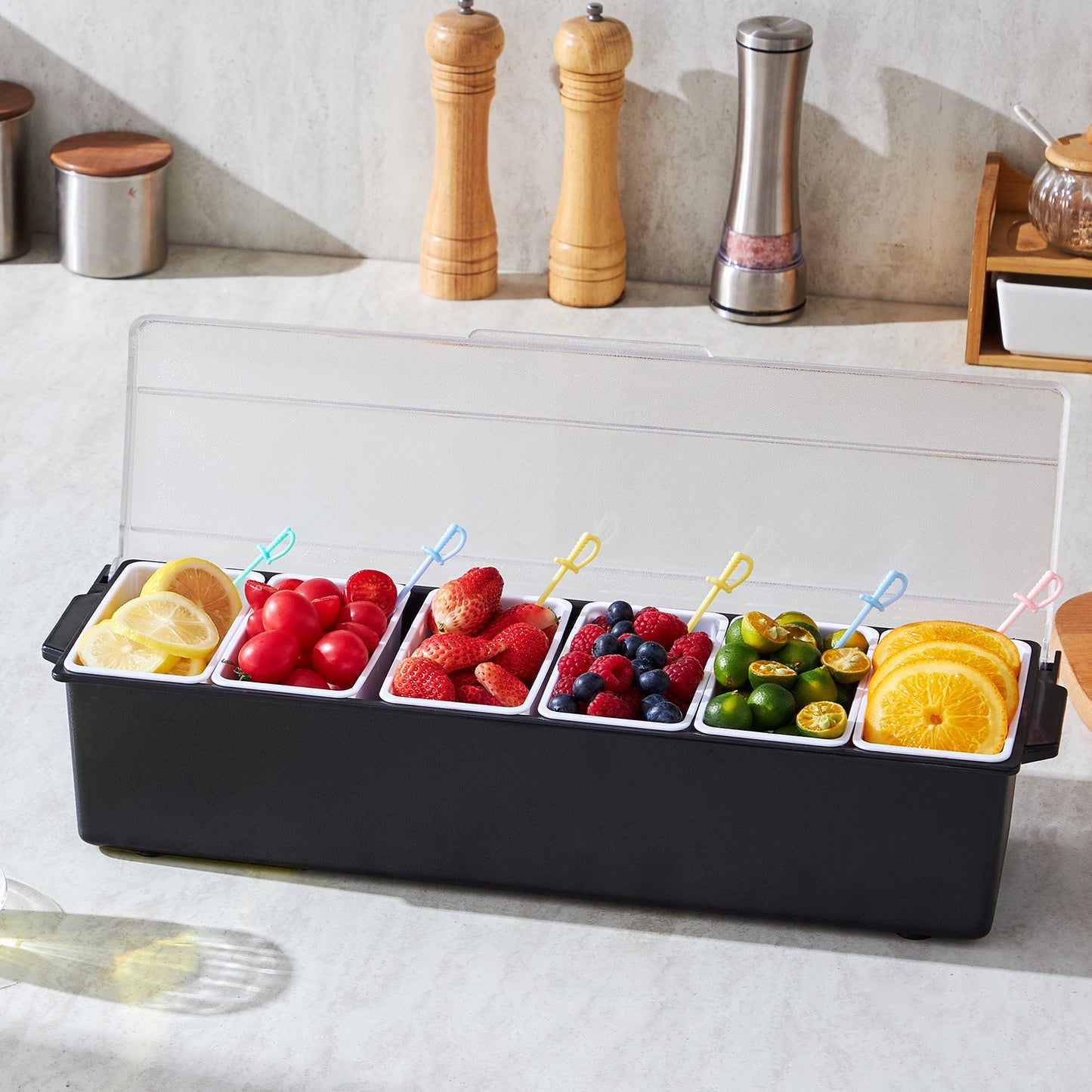 Chilled Condiment Server 6 Compartment Cold Serving Tray With Lid For Fruit