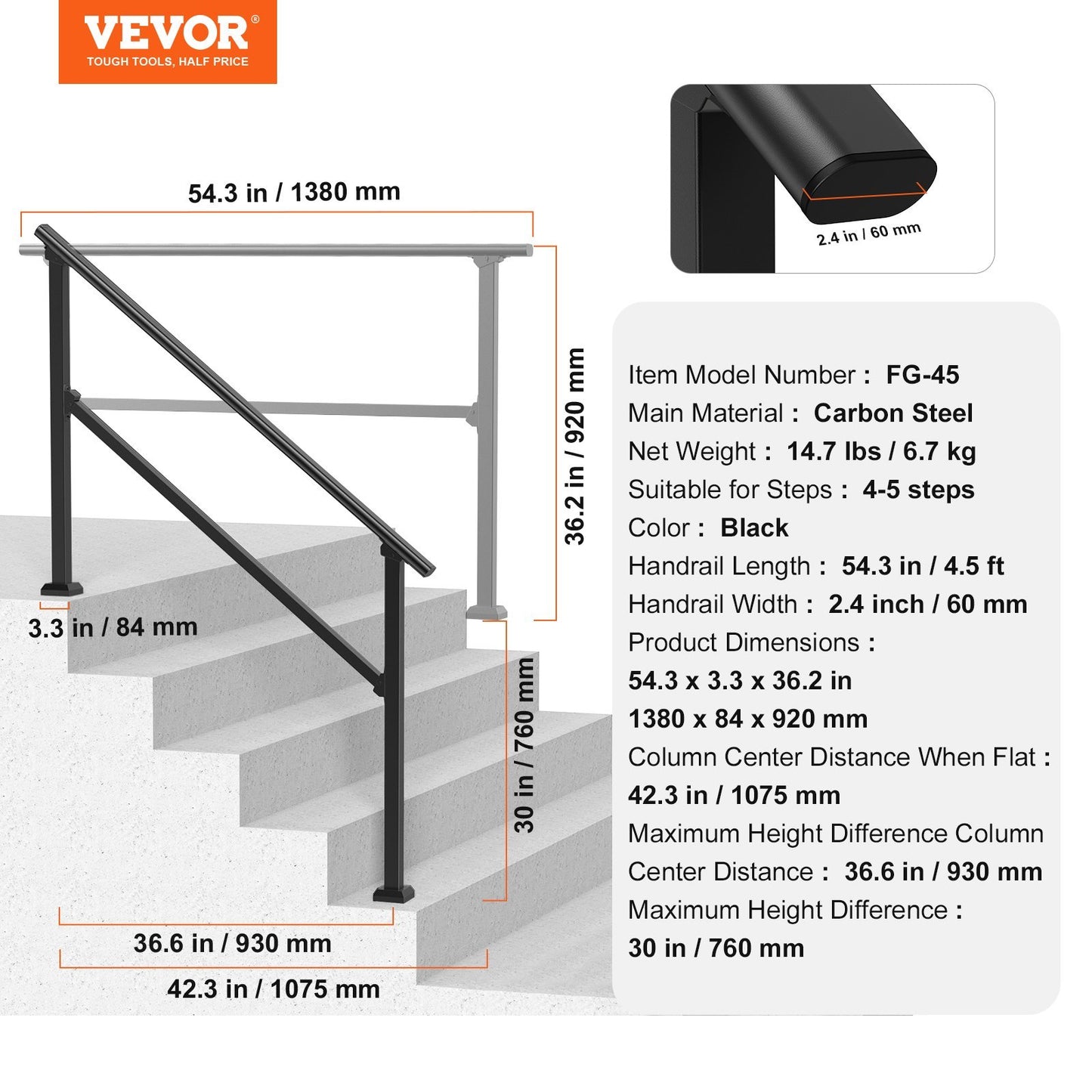 VEVOR 4-5 Handrails For Outdoor For Seniors Porch Deck Black Square Tube Steel