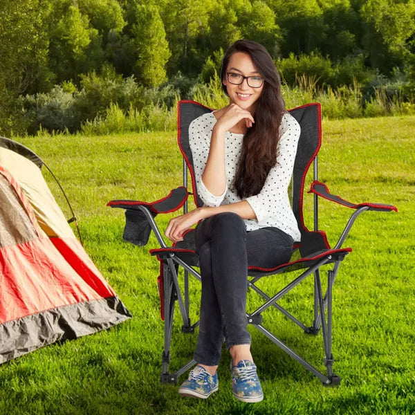 Foldable Camping Chair 330LBS Load Heavy Duty Steel Lawn Chair Collapsible Chair With Reclining Backrest Angle Cup Holder Pillow Side Pocket Carry Bag