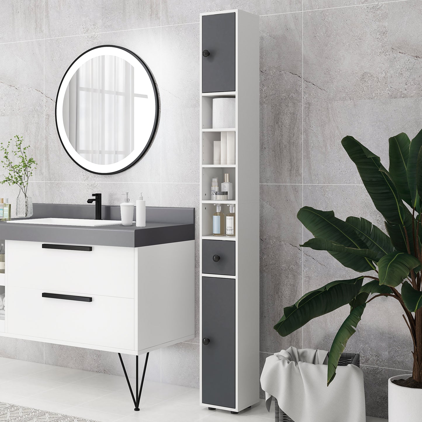 71" Small Bathroom Storage Cabinet, Narrow Toilet Paper Cabinet with Open Shelves, 2 Cabinets, Adjustable Shelves, Gray