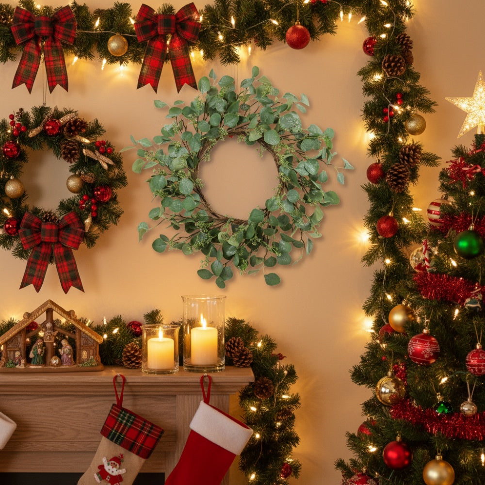 23.6in Christmas Eucalyptus Wreath Nartural Green Door Wreath, Fake Leaf Garland For Home Wedding Front Door Decor