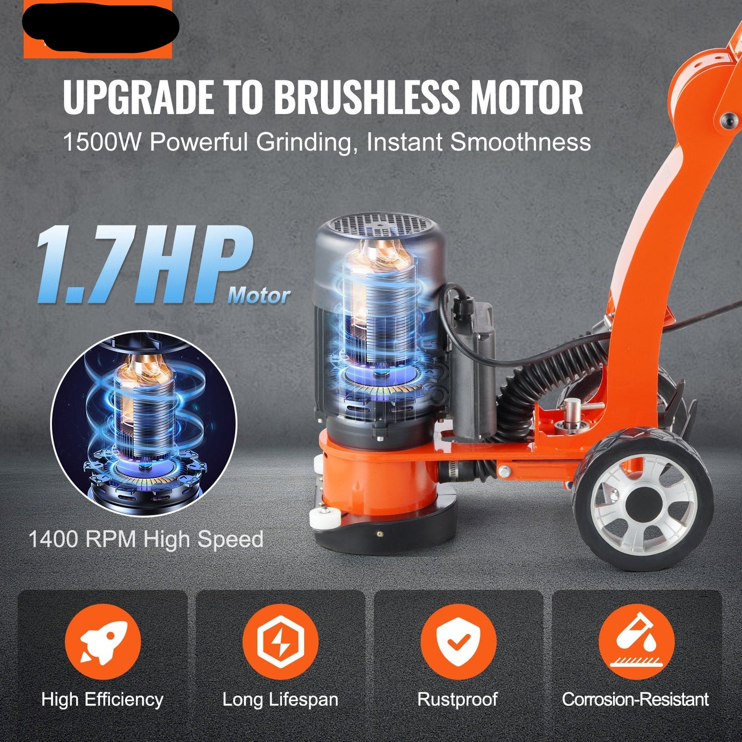 Electric Concrete Floor Grinder 7" Walk-Behind Grinder 1.7HP Concrete Floor Polisher, 1300W Grinding Machine, 1720RPM Upgrade Brushless Motor Surfacing Grinder For Granite/Marble/Stones