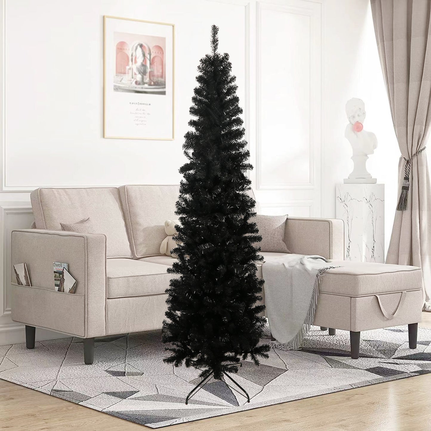 7.5 Ft. Black Slender Artificial Christmas Tree Including Collapsible Metal Stand