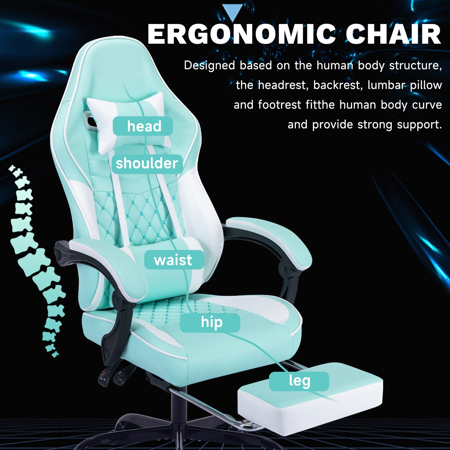 Ergonomic Video Gamer Chairs, Computer Gaming Chairs With Massage Lumbar Support And Footrest,Racing Style Computer Chair Adjustable Headrest For Adults,GREEN
