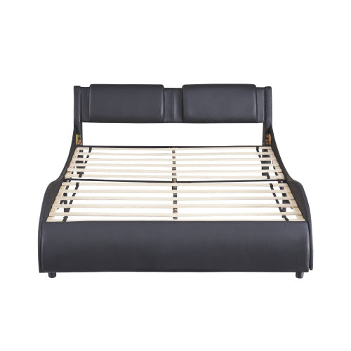 Queen Size Upholstered Faux Leather Platform Bed With LED Light Bed Frame With Slatted - Black