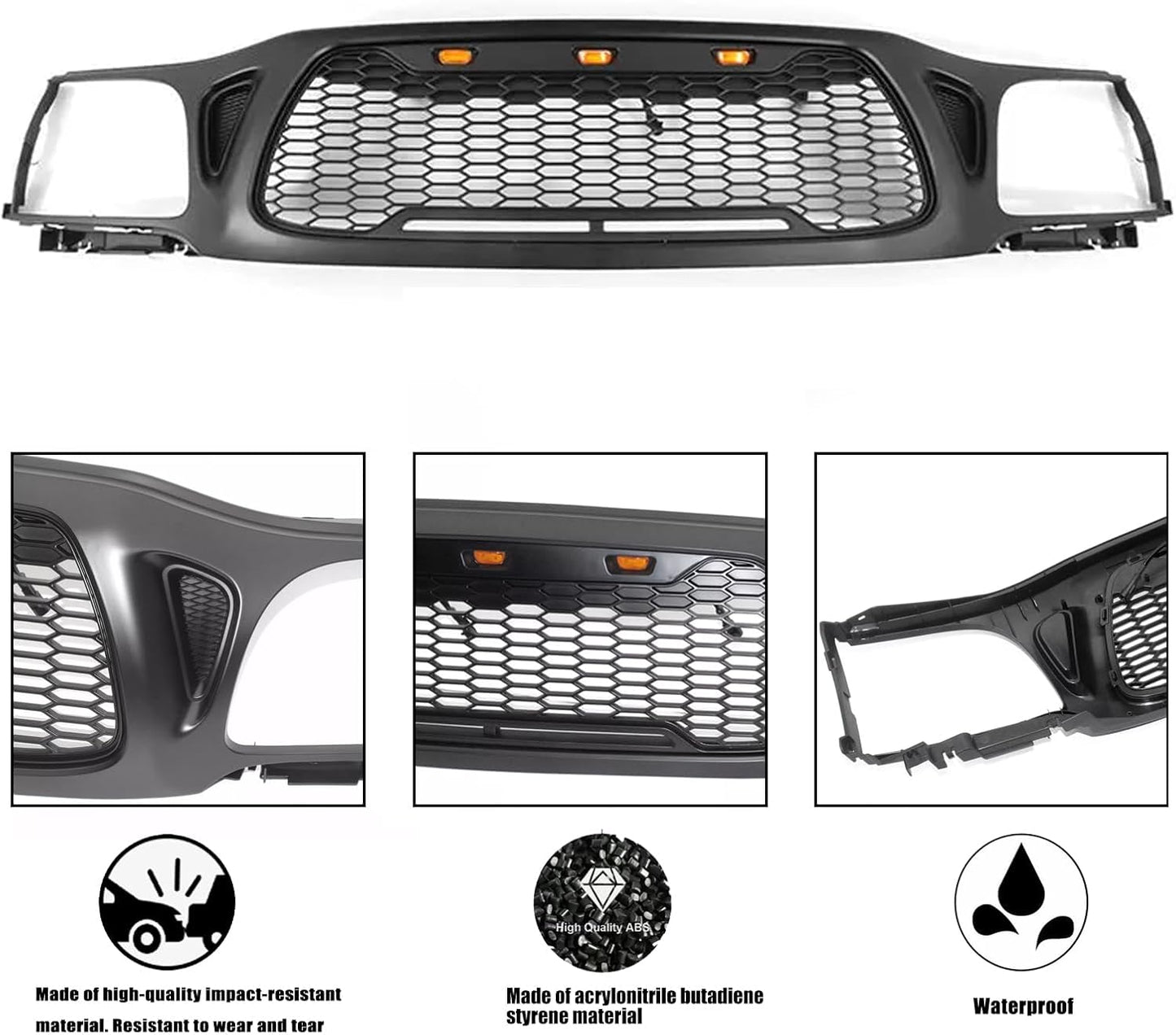 Front Grille Fits For Tacoma 2001 2002 2003 2004 With Amber LED Accent Lights Matte Black