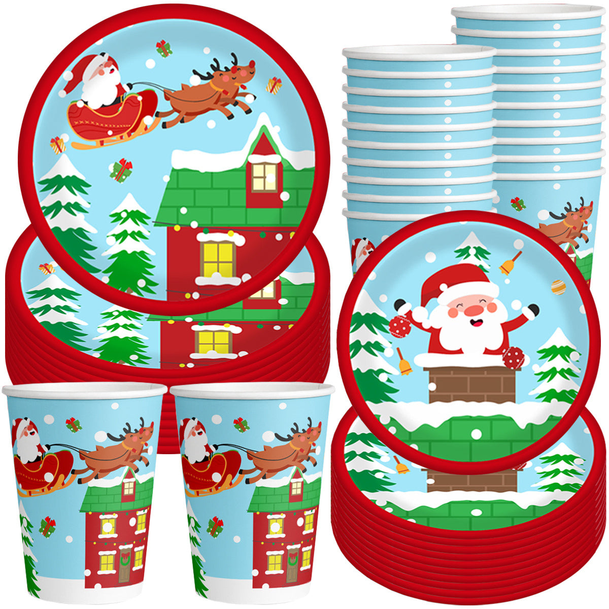 Christmas Paper Plates And Cups Set Decorations For 10 Guests Santa Claus Elk Pattern Plates And Cups For Winter Holiday Christmas Party Decorations
