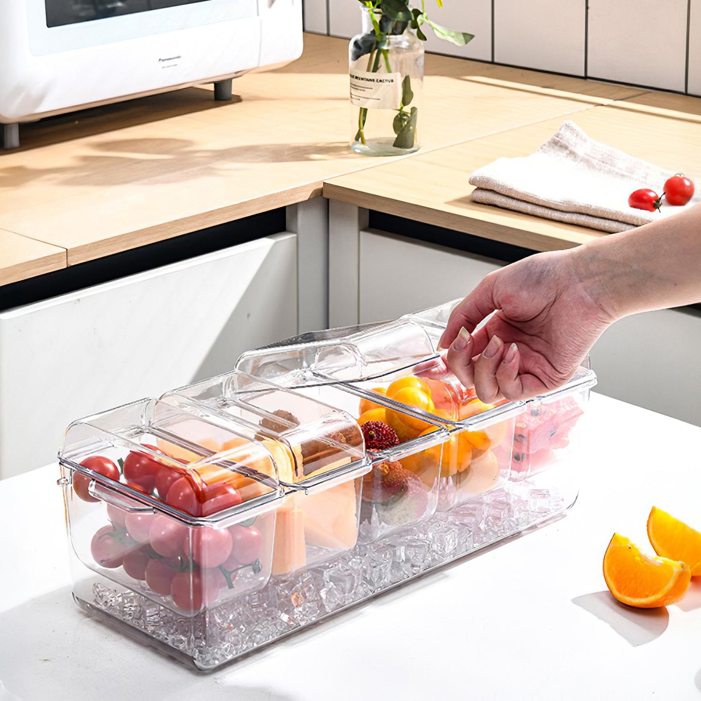 1Set Ice Chilled Condiment Caddy Serving Tray Container Bar Garnish Holder Salad Platter Server Food Storage With 5 Removable Containers 5 Lids 2 Tongs 5 Sporks