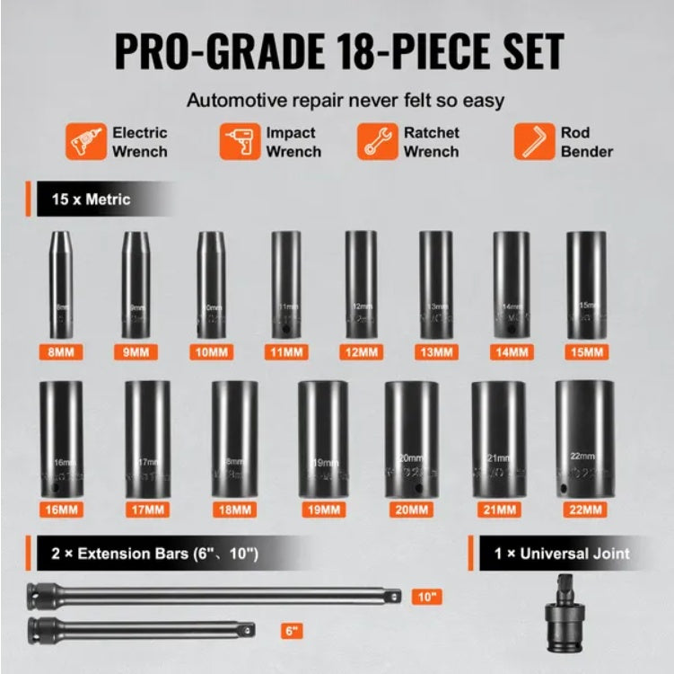 VEVOR Impact Sockets Set 18pcs 6-Point 3 8 Drive Bit Ratchet Tool Kit Case