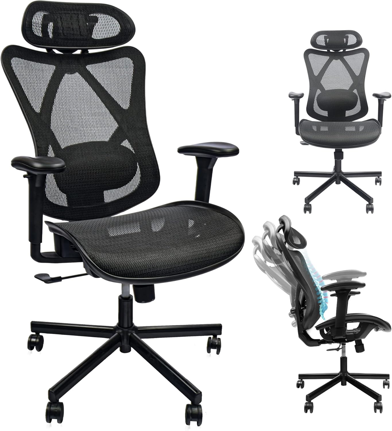 Mesh Office Chair, Ergonomic Office Chairs With Wheels, Adjustable Lumbar Support, Armrest,Headrest-Tilt High Back Desk Chair With Mute Wheel For Office, Home, Gaming