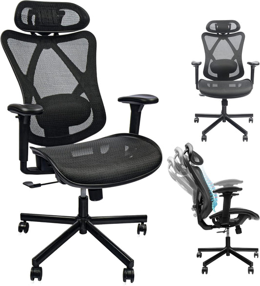 Mesh Office Chair, Ergonomic Office Chairs With Wheels, Adjustable Lumbar Support, Armrest,Headrest-Tilt High Back Desk Chair With Mute Wheel For Office, Home, Gaming