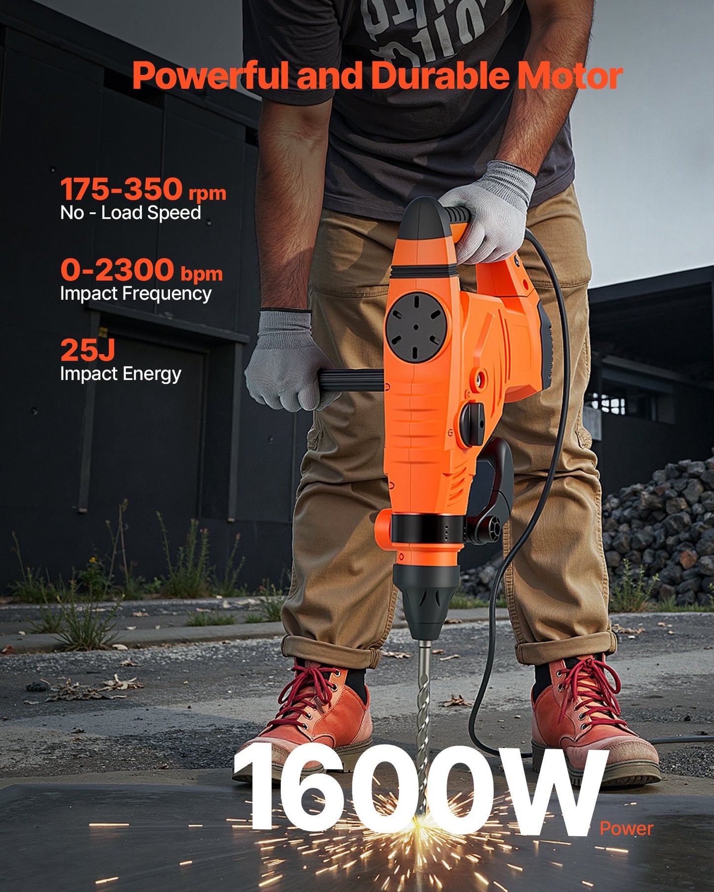 SDS-Max 2-Inch Corded Rotary Hammer Drill Kit 1600W 175-350RPM 3 Functions