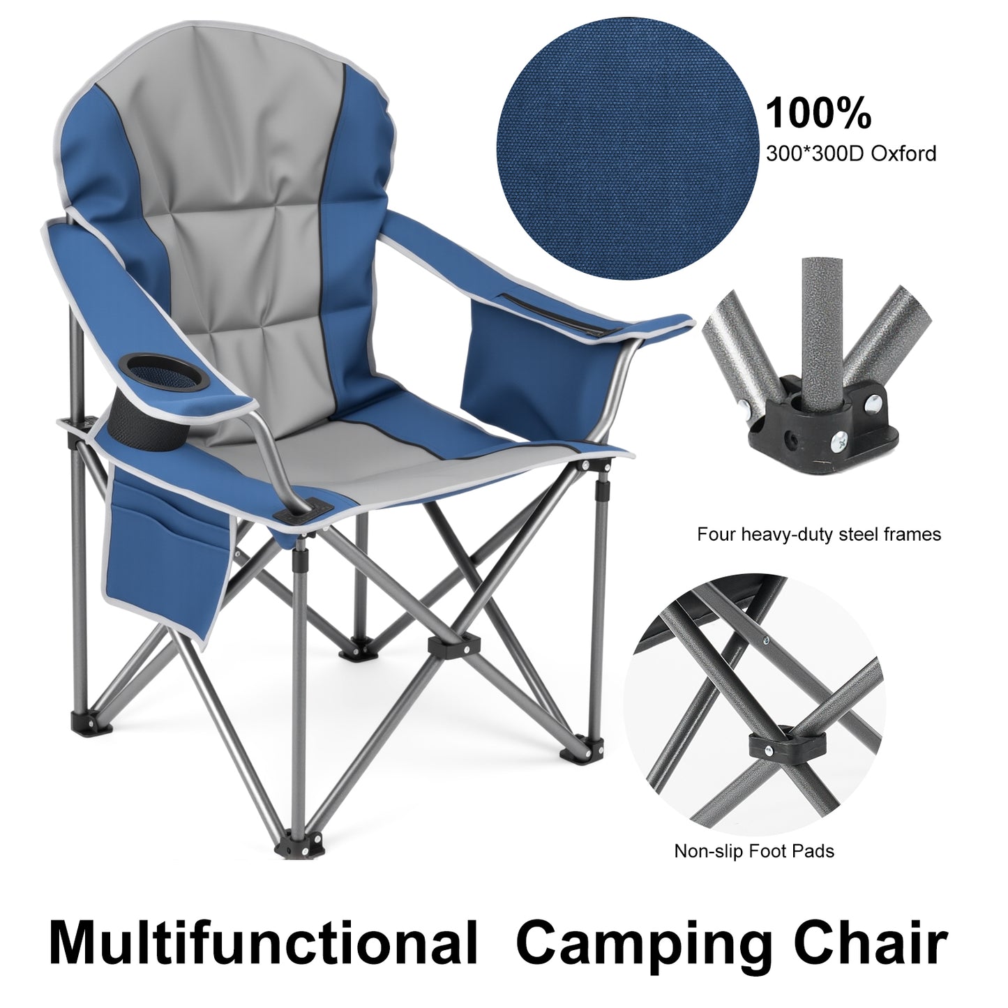 Oversized Camping Folding Chair, Heavy Duty Padded Chair With Cup Holder Storage And Cooler Bag, 5000 LBS Steel Frame, Portable For Outdoor