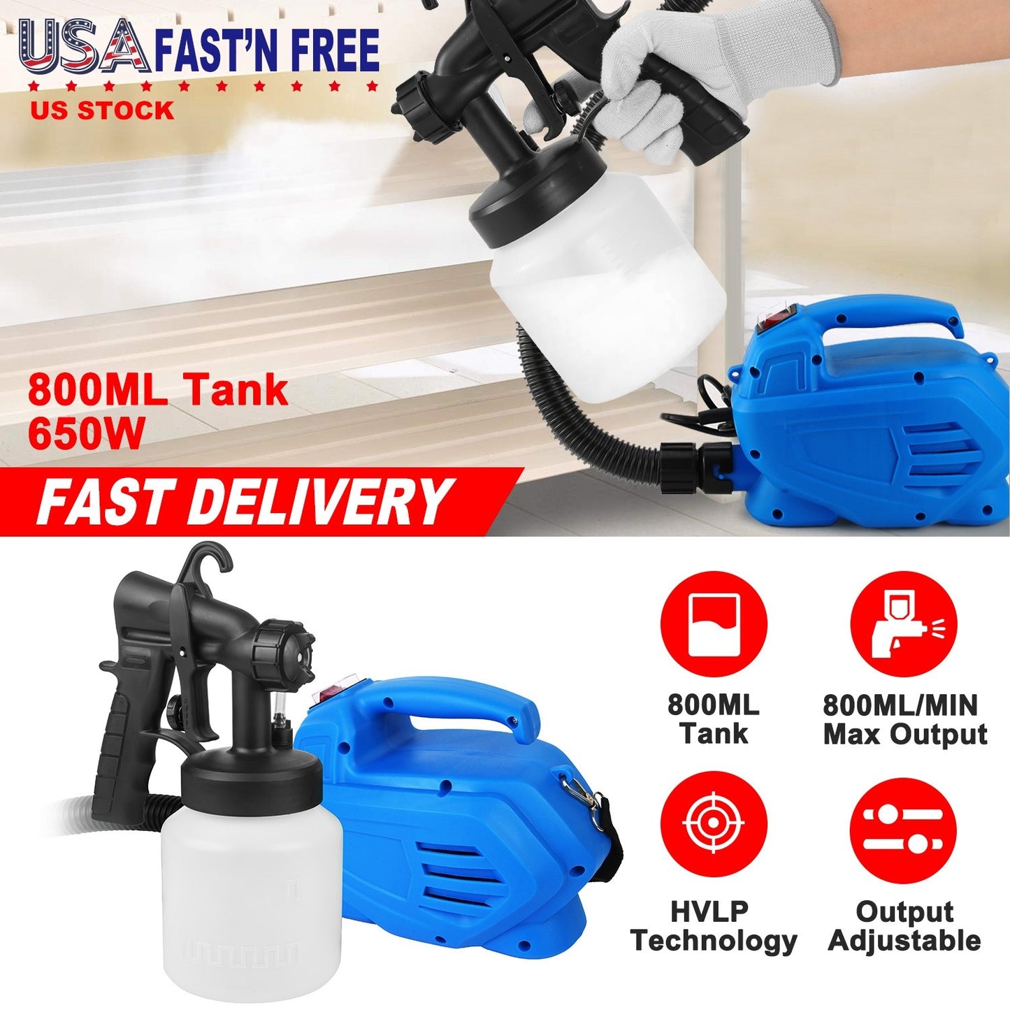 800ML Paint Sprayer 650W Paint Sprayer 800ML,minimum Output HVLP Oil Primer Water Spray, With 3 Spraying Modes Motor And Removable Container