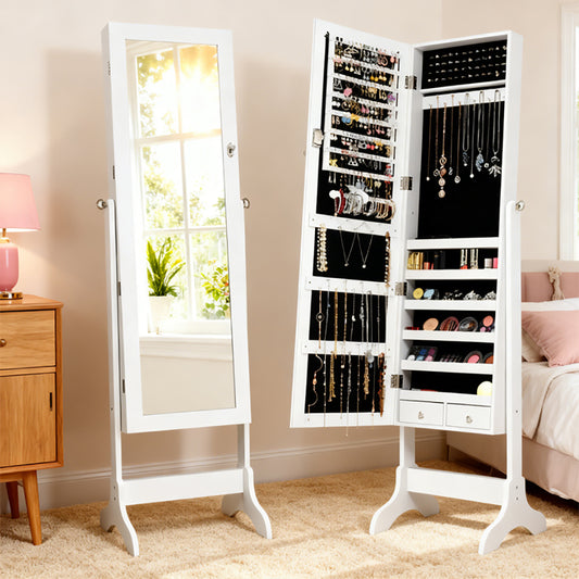 Lockable Mirrored Jewelry Cabinet Armoire Storage Organizer Box