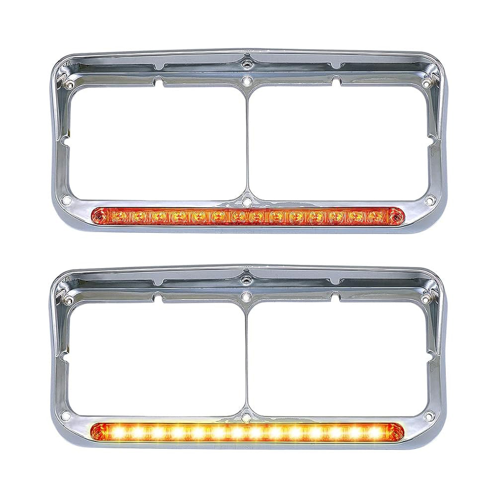 Chrome Rectangular Dual Headlight Bezels With Amber Lens , Amber LED 2Pcs
