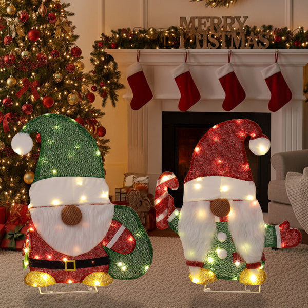 Set Of 2 Lighted Gnome And Candy Cane Christmas Decorations, Pre-lit 2D Holiday Decor With 80 Warm White LED Lights For Xmas Outdoor Indoor Decor Lighted Holiday Displays
