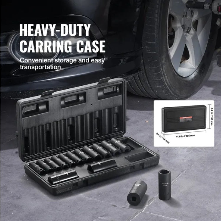 VEVOR Impact Sockets Set 15pcs 6-Point 3 8in Drive Bit Ratchet Tool Kit Case